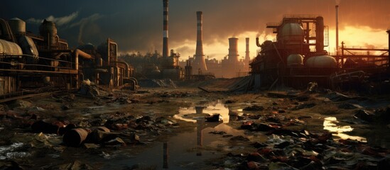 An environmentally harmful factory with toxic waste disposal issues causing ecological and pollution problems. - obrazy, fototapety, plakaty