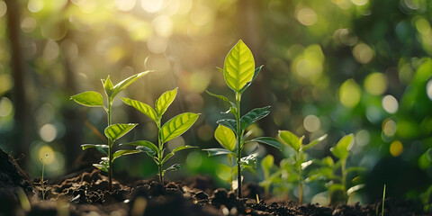green seedlings growing in the soil with a bright sun in the background Plant,Seedlings grow in soil with sunlight Planting trees to reduce global warming  - obrazy, fototapety, plakaty