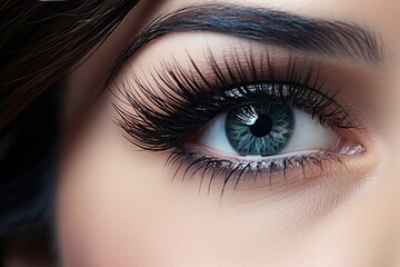 Woman's eye close-up with colorful makeup. Long lashes