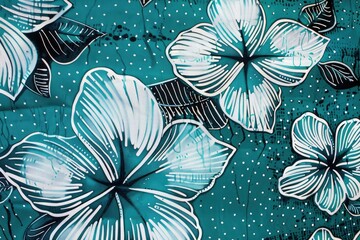 batik flower petal motif with white stripe color and teal background with small black dots textures.
