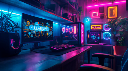 Cozy e-learning home setup, neon lights creating a warm atmosphere. Interactive online education technology with modern PC and digital interface. User-friendly multimedia learning space. - obrazy, fototapety, plakaty