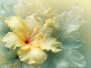 artistic illustration of romantic yellow hibiscus  flower in ethereal dreamy romantic painting style 