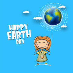 Cartoon earth day illustration or banner with little cute girl character holding in hands baloon with earth globe. Vector World earth day concept poster illustration with planet Earth and funny child