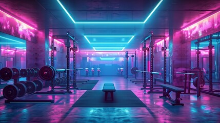 Futuristic gym with neon lighting, reflecting on polished concrete. State-of-the-art fitness center...
