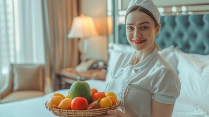 Hotel maid holding fruits tary in to the luxury hotel bed room ready