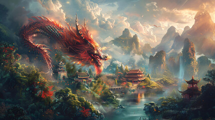 Mystical Dragons in Majestic Eastern Landscapes. Epic Fantasy Artwork Depicting Dragons and Humans in Harmony. Mythical Creatures and Ancient Architecture Concept for Cultural Storytelling  - obrazy, fototapety, plakaty