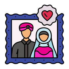 Newly Wed Couple in Photo Frame concept, pre-wedding photography vector icon design, Arabic Muslim marriage Symbol, Islamic wedding customs Sign,asian matrimonial stock illustration