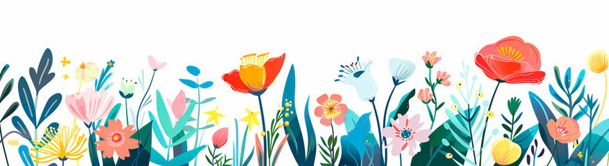 Spring flower banner with colorful blooms on white background, illustration.