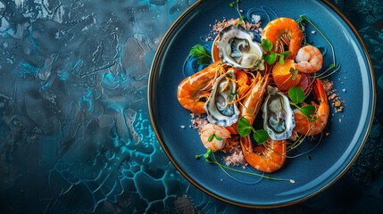 Seafood platter on a deep blue plate, capturing the essence of the ocean with an exquisite selection of seafood, artfully arranged to showcase the variety and freshness of the catch