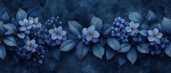 a many blue flowers on a blue background with leaves