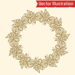 Detailed vector floral wreath with intricate leaf and vine patterns in golden tones on a soft background. Ideal for elegant decor, weddings, or creative projects in editable EPS format