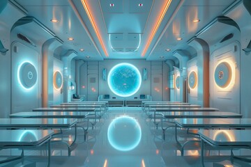 tomorrows education system with 3D minimal whimsical art portraying a futuristic classroom in school