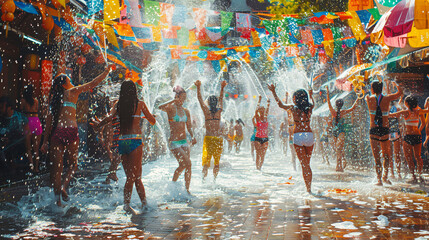 Vibrant Songkran Water Festival Celebrations in the Streets. People Enjoying Traditional Thai New Year with Water Splashing and Joyful Festivities