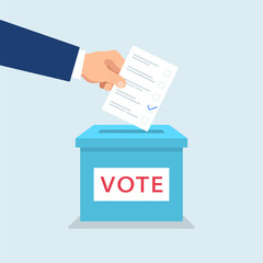 Hand puts ballot paper with check mark into the box with sign Vote. Presidential election vector illustration.