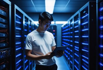 Focused Japanese IT technician in a server room, monitoring critical data infrastructure with a tablet, A skilled technician managing servers in a modern data center