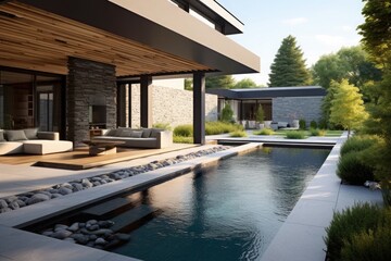 Modern house with swimming pool in the yard. Landscape design. Lots of green plants