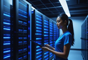 Asian IT technician woman confidently managing a server room with a focused expression, Empowering women in tech: A skilled Asian woman overseeing critical data infrastructure, A focused Asian female 