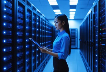 Asian IT technician woman confidently managing a server room with a focused expression, Empowering women in tech: A skilled Asian woman overseeing critical data infrastructure, A focused Asian female