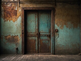 Obraz premium Pair of doors, once vibrant with teal hue, now bear marks of time, neglect. Rust has claimed parts of metal surface, paint has started to peel off, revealing faded walls around. Surrounding walls.