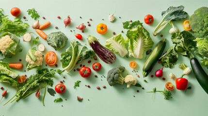 A creatively arranged selection of fresh vegetables scattered across a mint-colored background with a healthy and natural vibe