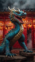 Fototapeta na wymiar Majestic blue dragon, with scales that shimmer like jewels, stands proudly amidst traditional asian setting. Gaze from fierce eyes of this creature intense. Body of this creature.