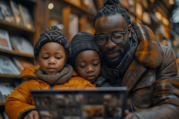 A man and two children admire a painting on a tablet at the library - obrazy, fototapety, plakaty