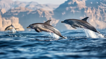 Naklejka premium Dolphins jumping up from the ocean, sea life animals