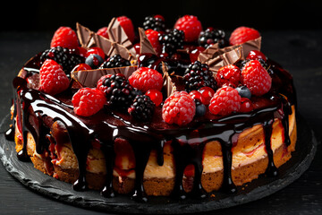 cake with berries on dark background