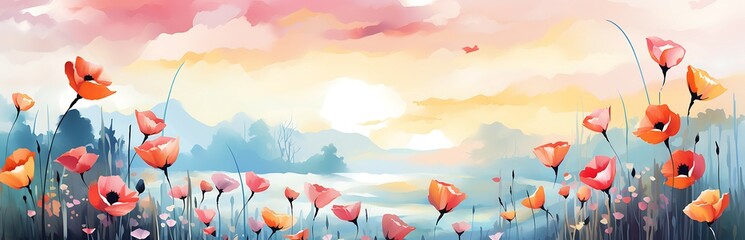  Artistic illustration of vibrant poppies, wildflowers with a soft, pastel sky banner backdrop