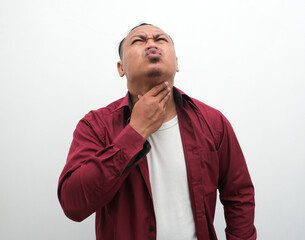Asian adult man feels sore throat