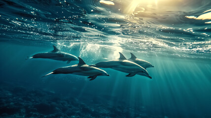 Dolphins swimming in the ocean. sea life animals - obrazy, fototapety, plakaty