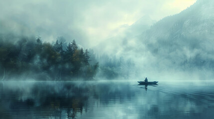 Generative ai illustration of a lonely boat with a fisherman in a misty lake in Japan - obrazy, fototapety, plakaty