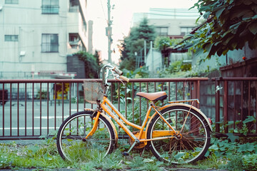 Fototapeta na wymiar vintage orange bike parked next to the street, POV, gen-z vibes, cottagecore, casual, aesthetic 