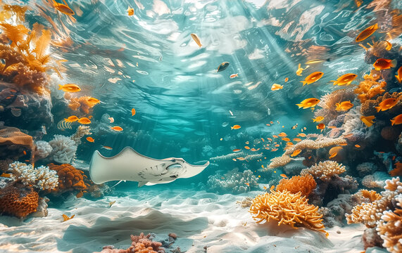 Undersea stingrays surrounded by schools of fish and coral, sea life animals