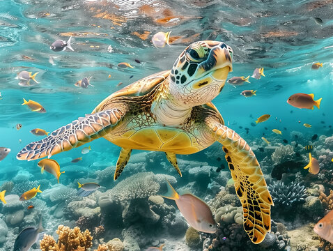 Sea turtles swim above the surface of the water, sea life animals