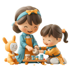 A 3D animated cartoon render of a mother and her kids filling a time capsule.