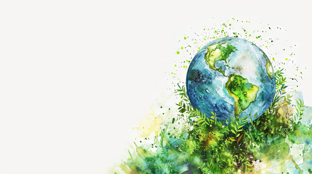 Watercolor Illustration, showing a Concept of World Earth Day. Copy space. White background.