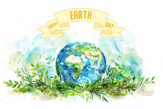 Watercolor Illustration, showing a Concept of World Earth Day. Copy space. White background.Watercolor Illustration, showing a Concept of World Earth Day. White background.