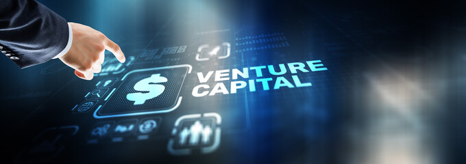 Venture capital. Investor capital. Businessman pressing virtual screen inscription - 780582462