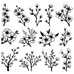 A set of black and white flowers with a white background. The flowers are arranged in a grid pattern