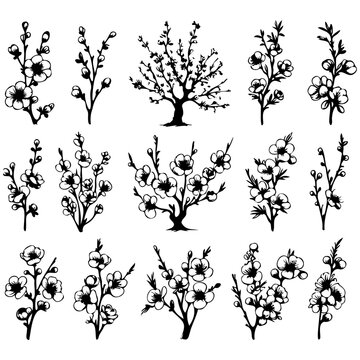 A set of black and white drawings of flowers and trees. The drawings are stylized and appear to be hand-drawn. The mood of the images is serene and peaceful, with the flowers