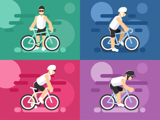 Icon set of colorful cyclists on bicycles or sport bikes. Vector graphics