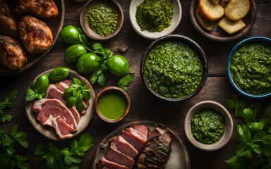 Argentinian chimichurri, vibrant green, rustic mortar, background of grilled meats