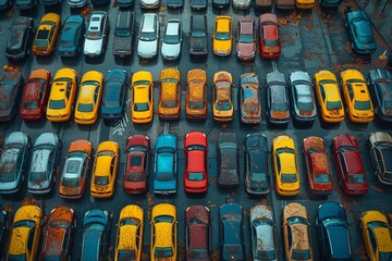 A variety of toy cars in Electric blue with different patterns parked in lot