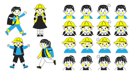低学年の小学生たち。シンプルなベクターイラストセット。
Lower-grade elementary school students. Simple vector illustration set.