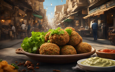 Egyptian falafel, deep green inside, tahini sauce, vibrant street market background
