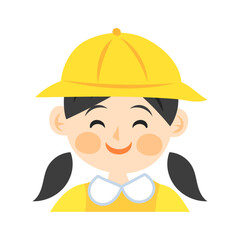 黄色い帽子を被った笑顔の女の子の顔。フラットなベクターイラスト。
Smiling girl’s face wearing a yellow hat. Flat vector illustration.