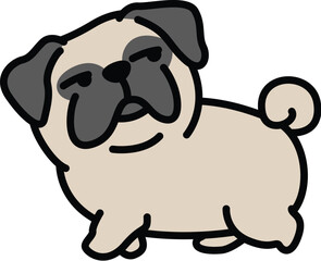 Funny pug dog walking and looking back cartoon, vector illustration
