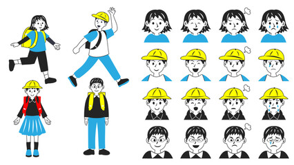 高学年の小学生たち。シンプルなベクターイラストセット。
Upper-grade elementary school students. Simple vector illustration set.