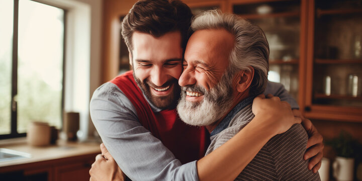 Adult son fun hugging old senior father